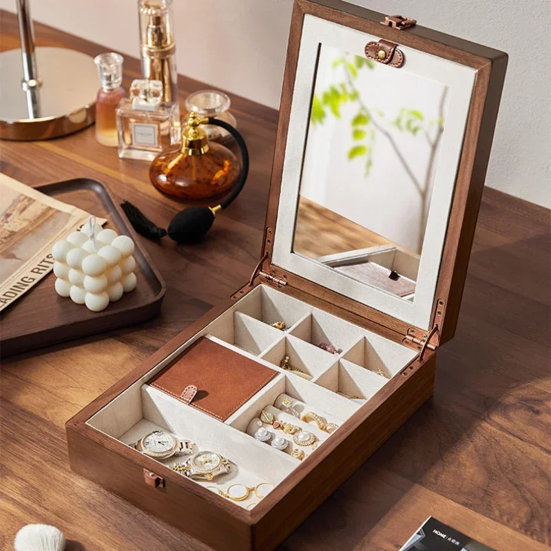 Black Walnut Jewelry Box Classification Organizer with Mirror Design Delicate Practical Storage Box Elegant Design