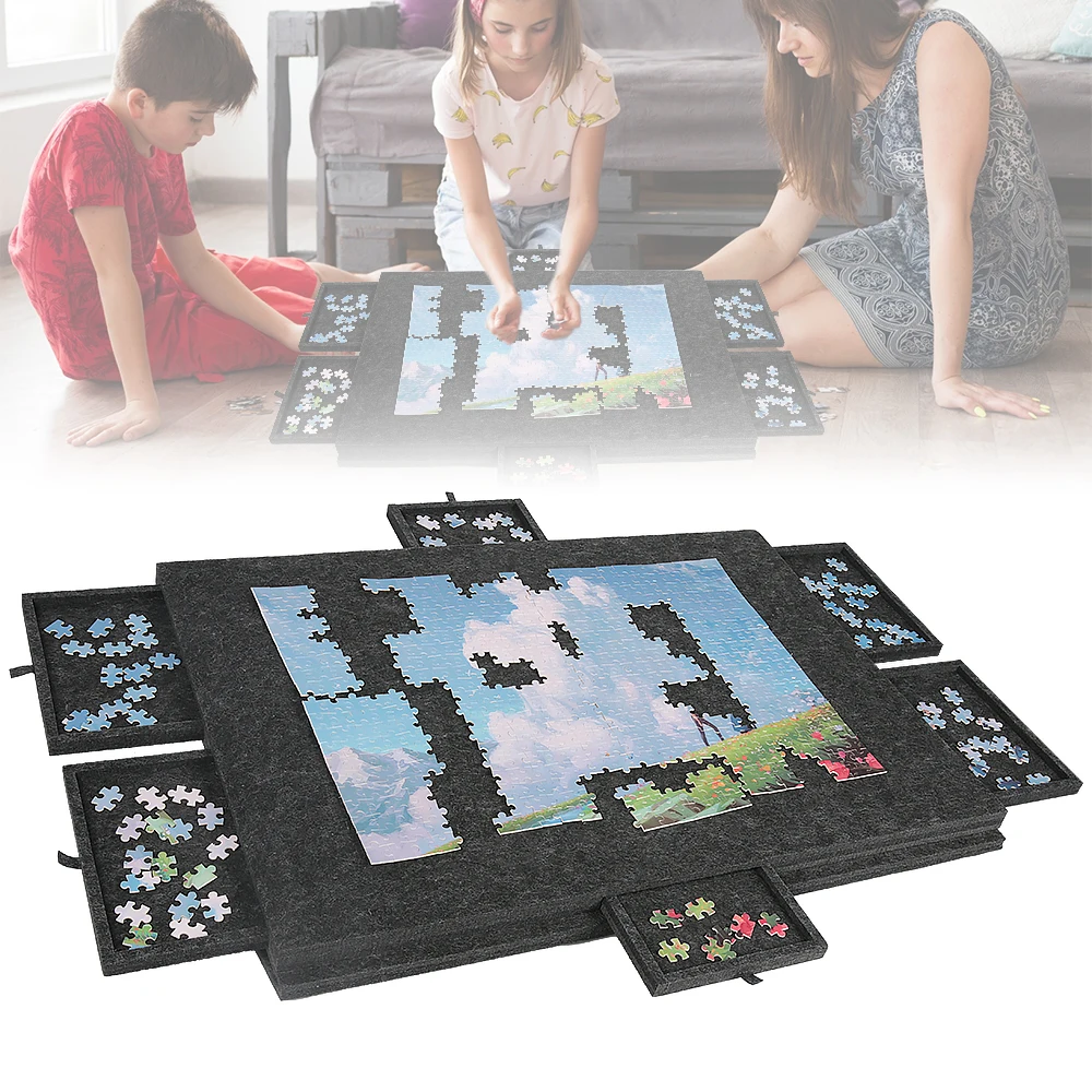 Planche de Puzzle pliable et antidérapante, plaque de rangement épaisse inclinée, support 2 en 1 et étui de protection, 6 tiroirs de tri, 77x53.6x4.2cm