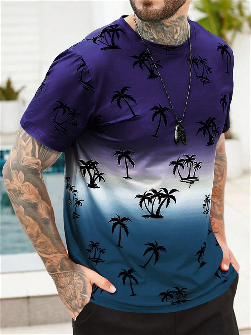 Gradient Men's T-Shirt 3D Coconut Tree Print Short Sleeve T-Shirt for Men Summer Quick Dry Casual Tee Top Oversized Man Clothing