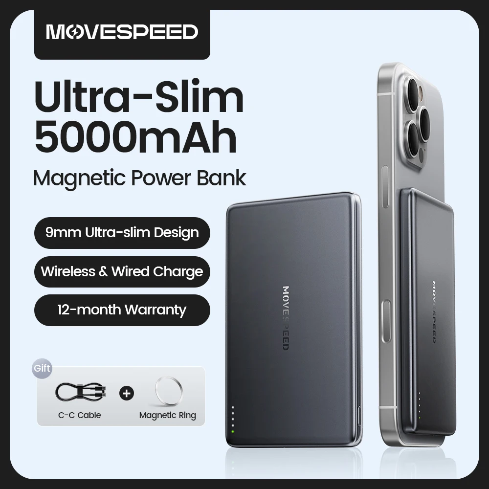 

MOVESPEED S05 Магнитный внешний аккумулятор 5000 мАч 20WPD Беспроводной внешний аккумулятор Тонкое портативное зарядное устройство для iPhone 16 15 Samsung 24 23