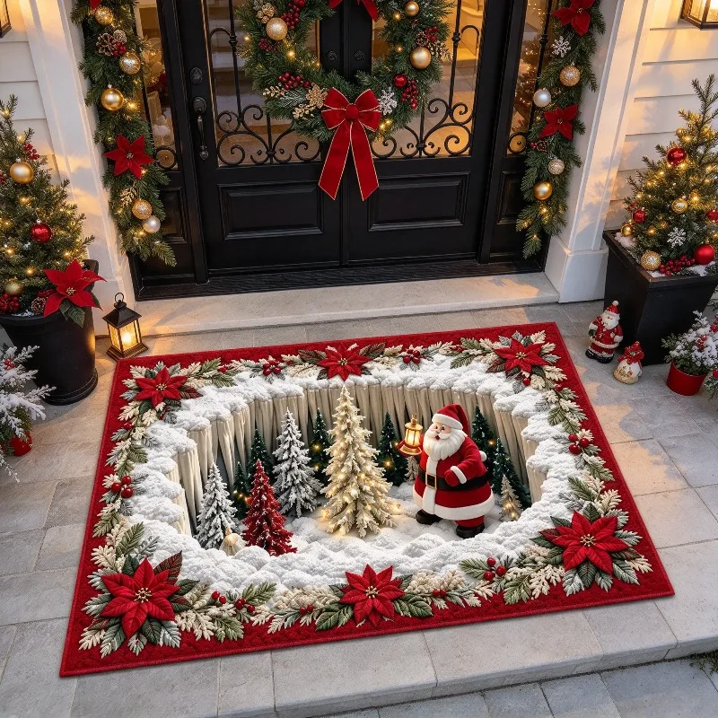 Christmas 3D Optical Illusion Area Rug Christmas Tree Print Floor Mat Festive Holiday Decor Entryway Living Room Bedroom Carpet