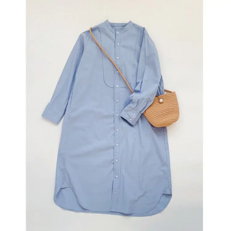 

Женская хлопковая рубашка-платье с длинным рукавом, свободного кроя, из чистого хлопка, с воротником-стойкой, средней длины, на пуговицах
