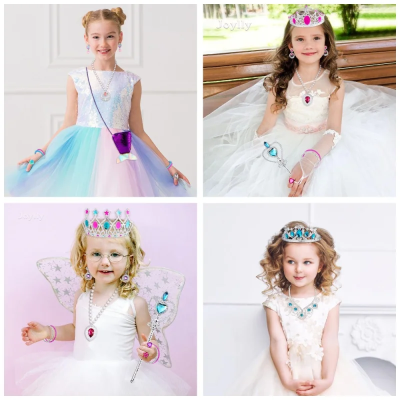 Girls Princess Jewelry Play Kits Magic Wand Crown Princess Dress Ring Earring Necklace Bracelet Halloween Birthday Party Toys