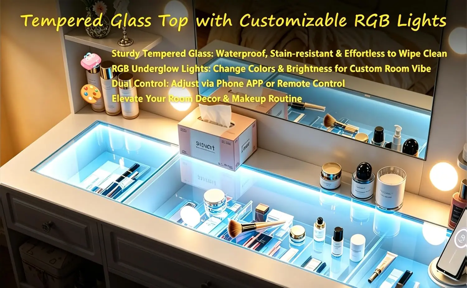Vanity Desk with Mirror & 10 LED Lights, 9 Drawers Glass Top, 3 Lighting Modes Adjustable, White, Customized