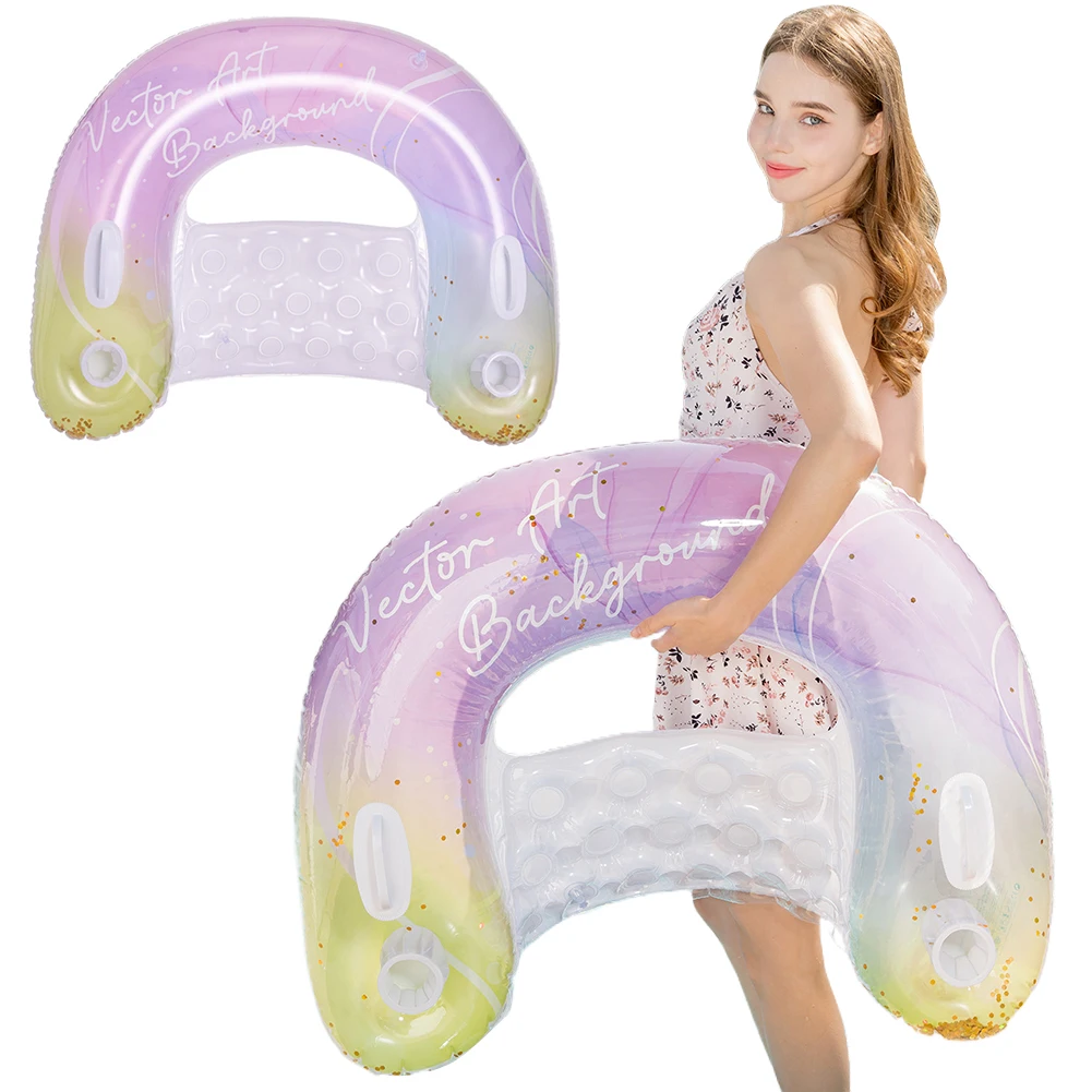 Glitter Sequin Pool Lounger with 2 Cup Holders Pool Floaties for Adults and Kids for Swimming Pool Party Summer Water Fun