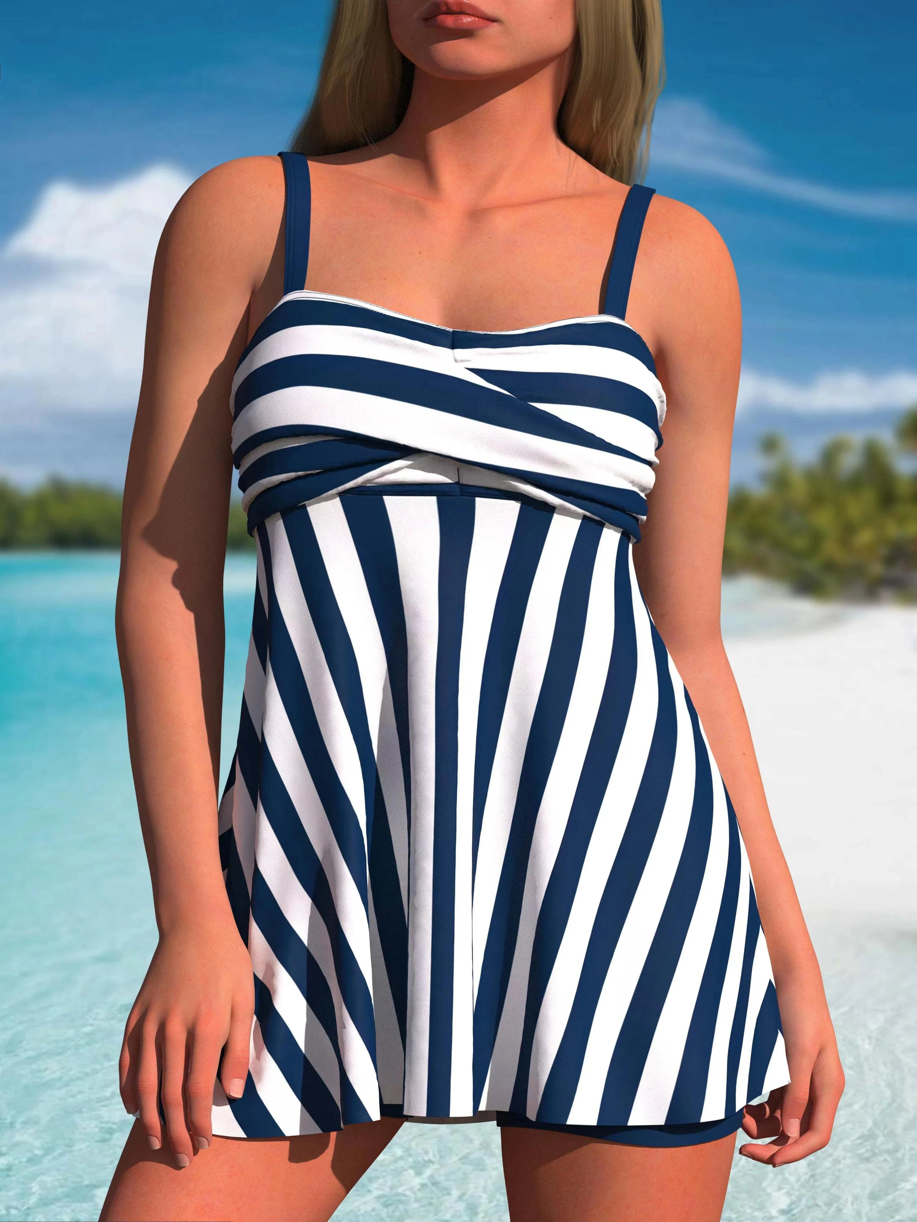 Striped Print 2 Piece Set Tankini, Ruched Skirted Boxer Short Bottom Swimsuits, Women's Swimwear & Clothing