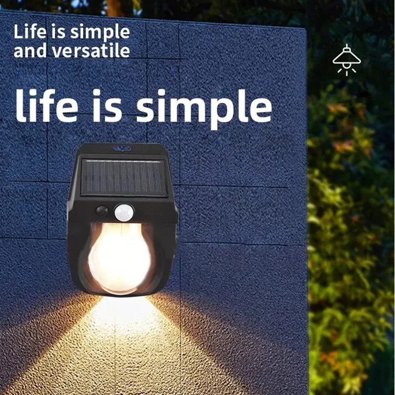 Lámparas solares de pared, modelado creativo, LED, detección de movimiento humano, tres modos, iluminación de filamento de tungsteno, luces de pared impermeables para jardín