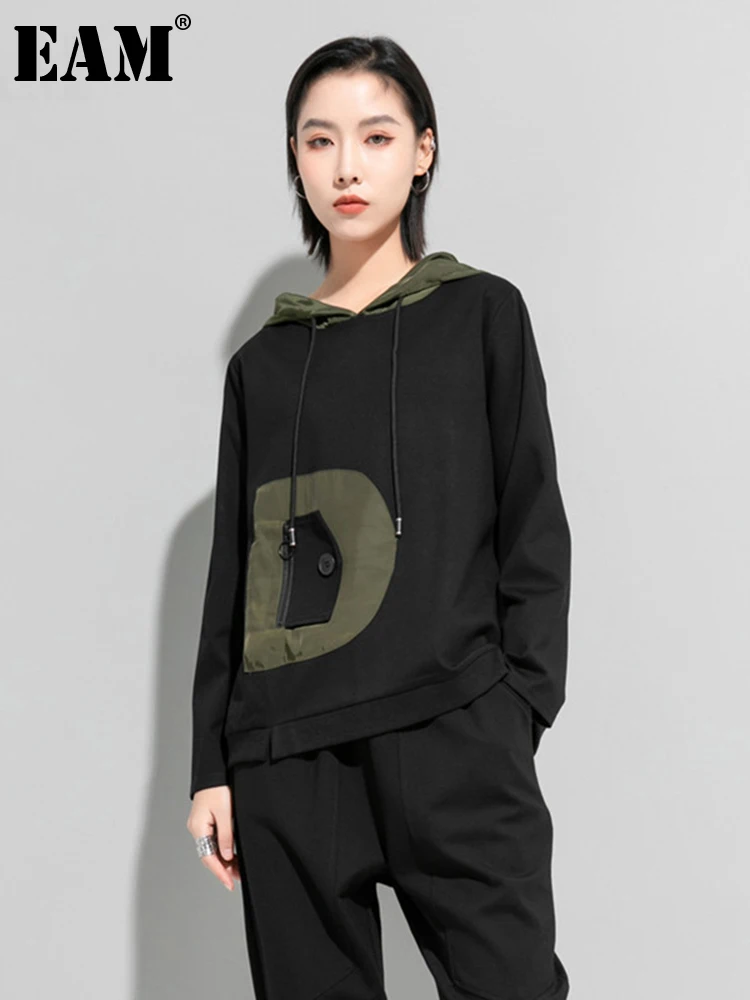 [EAM] Loose Fit Contrast Color Pocket Sweatshirt New Round Neck Long Sleeve Women Big Size Fashion Spring Autumn 2024 1DD6064