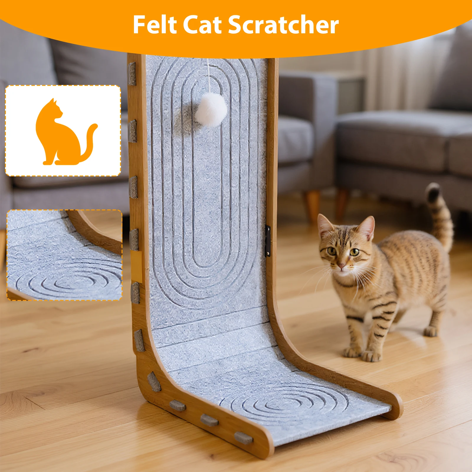 

Felt Cat Scratcher with Ball L Shape Cat Scratcher Wall Mountable Furniture Protector for Couch Wall
