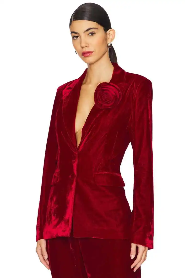Velvet Women Blazer Sets Customized Hand Made Flowers Banquet Party Gowns Jacket Suits Ladies Business Coat 2 Pieces