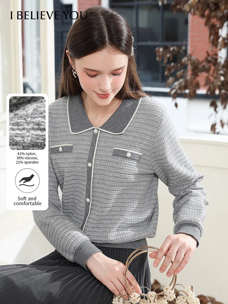 

I BELIEVE YOU Women's Pullover 2025 Autumn Elegant Luxury Grey French Turn-down Collar Knit Sweater Long Sleeves Top 2253146185