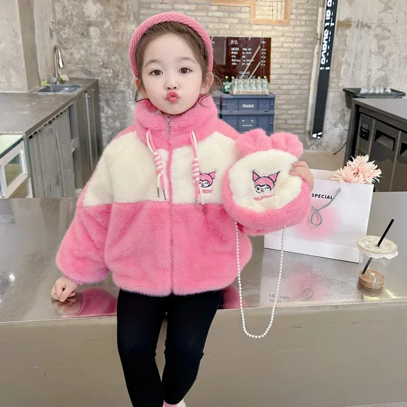 Sweet Kuromi Anime Sanrio Plus Fleece Coat Cute Cartoon Kawaii Long Sleeve Jacket Clothing Fashion Lovely Gifts for Kids