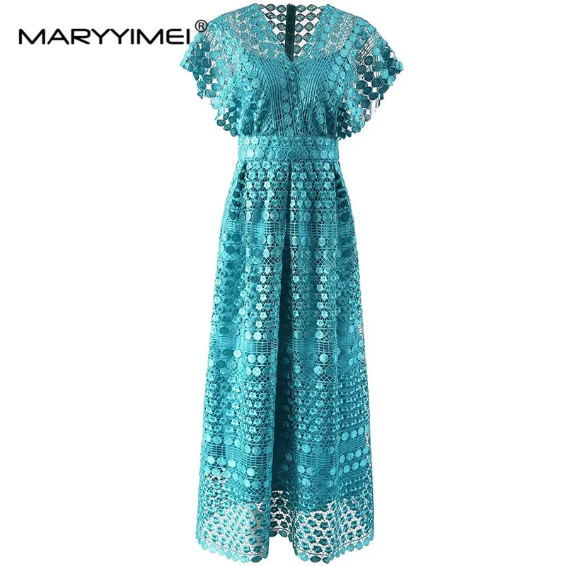 

MARYYIMEI New Fashion Runway Designer Women's V-Neck Hollow Bubble Sleeve Closed Waist Temperament Slim Sexy Green Dress