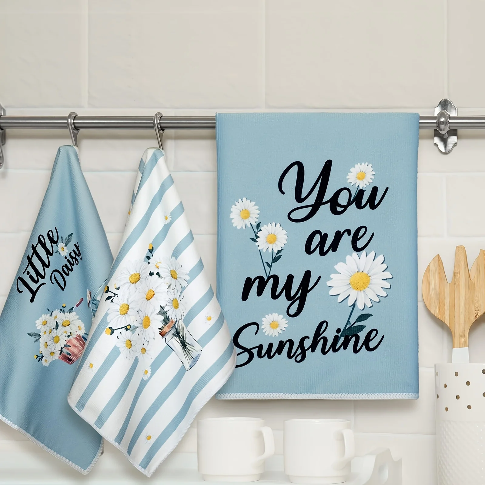 2pcs, Hand Towels, Daisy Flower Pattern Dish Towels, Small Fresh Style Absorbent Multifunctional Tea Towels, Suitable For Kitche