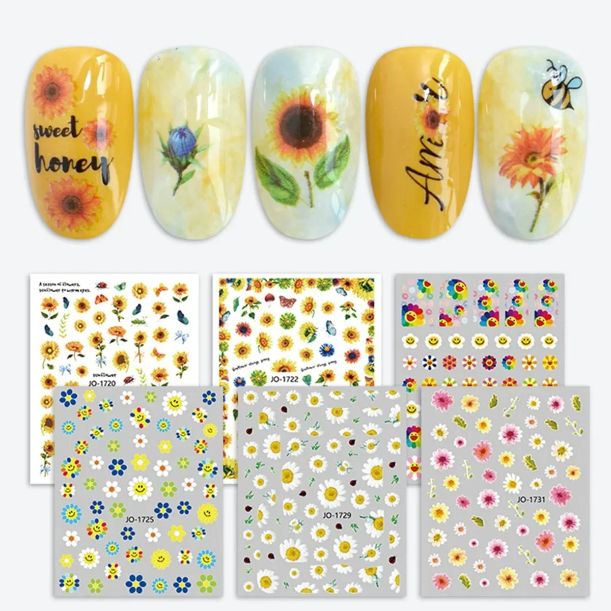 Sonnenblumen-Charm-Nagelkunst-Aufkleber, lächelndes Gesicht, Umlegesohle, niedliches kleines Gänseblümchen-Design, Nageldekoration, Abziehbilder