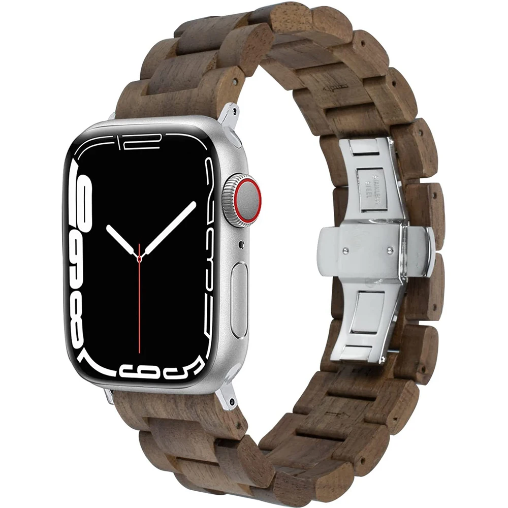 Walnut Wood Strap For Apple Watch Band 40mm 38 41 42 44 45mm Butterfly Buckle Wooden Bracelet For iWatch 9 8 7 6 5 4 Ultra2 49mm