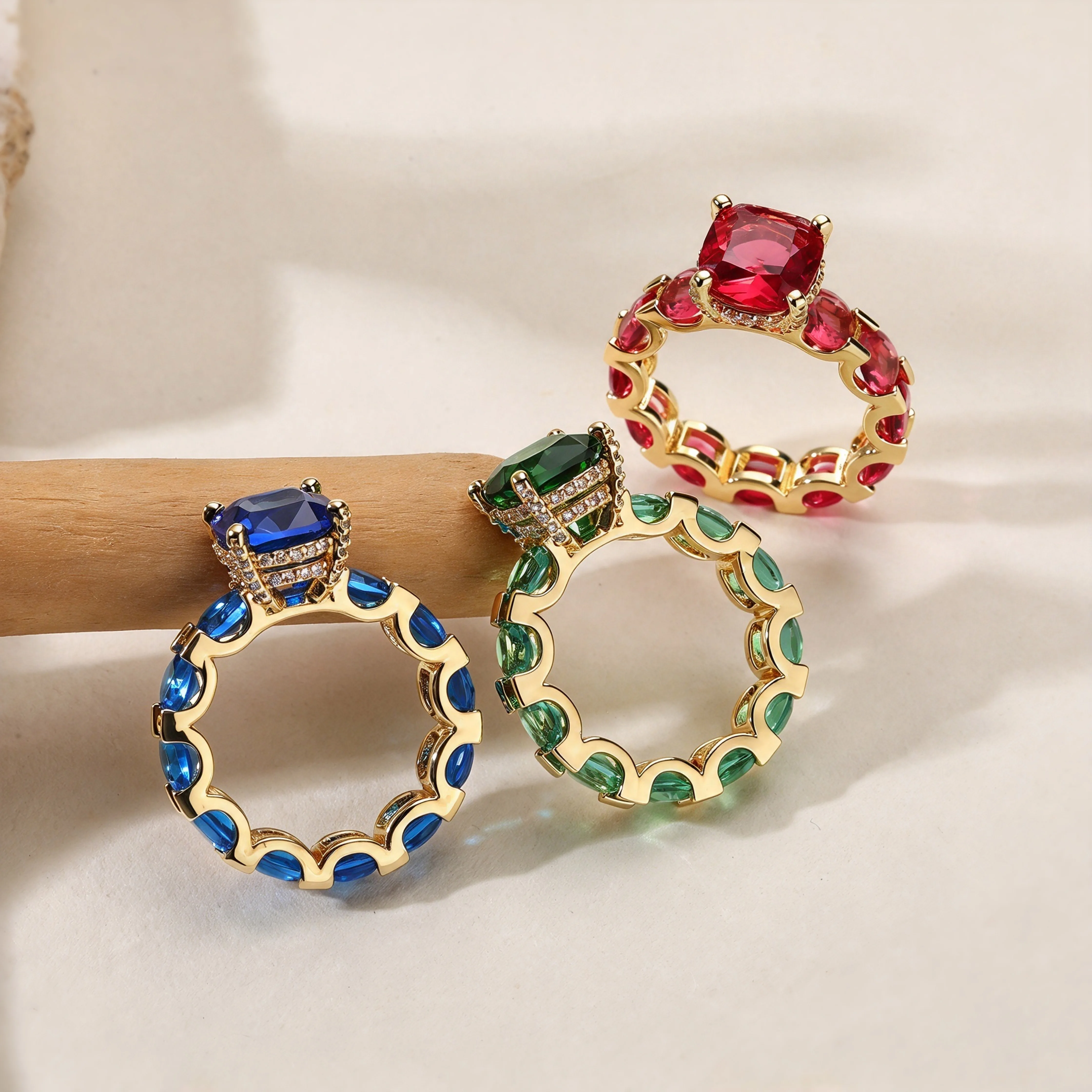 6/7/8/9 Size Luxury Square Cut CZ Wave Hollow Band Ring, Gold Plated Multicolor Baguette Cubic Zirconia Big Stone Statement Ring