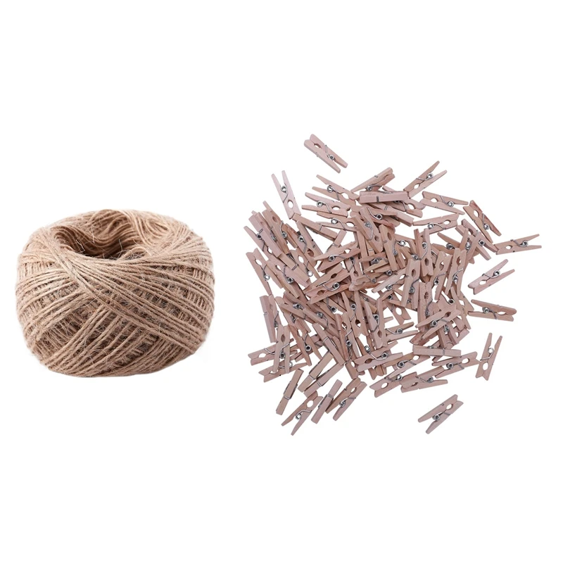 

100 Pcs/Set 25Mm Mini Wooden Clip Natural Craft Pin Line Photo Baby & 1 Roll 100 Meter Natural Textured Hessian Jute Twine Strin