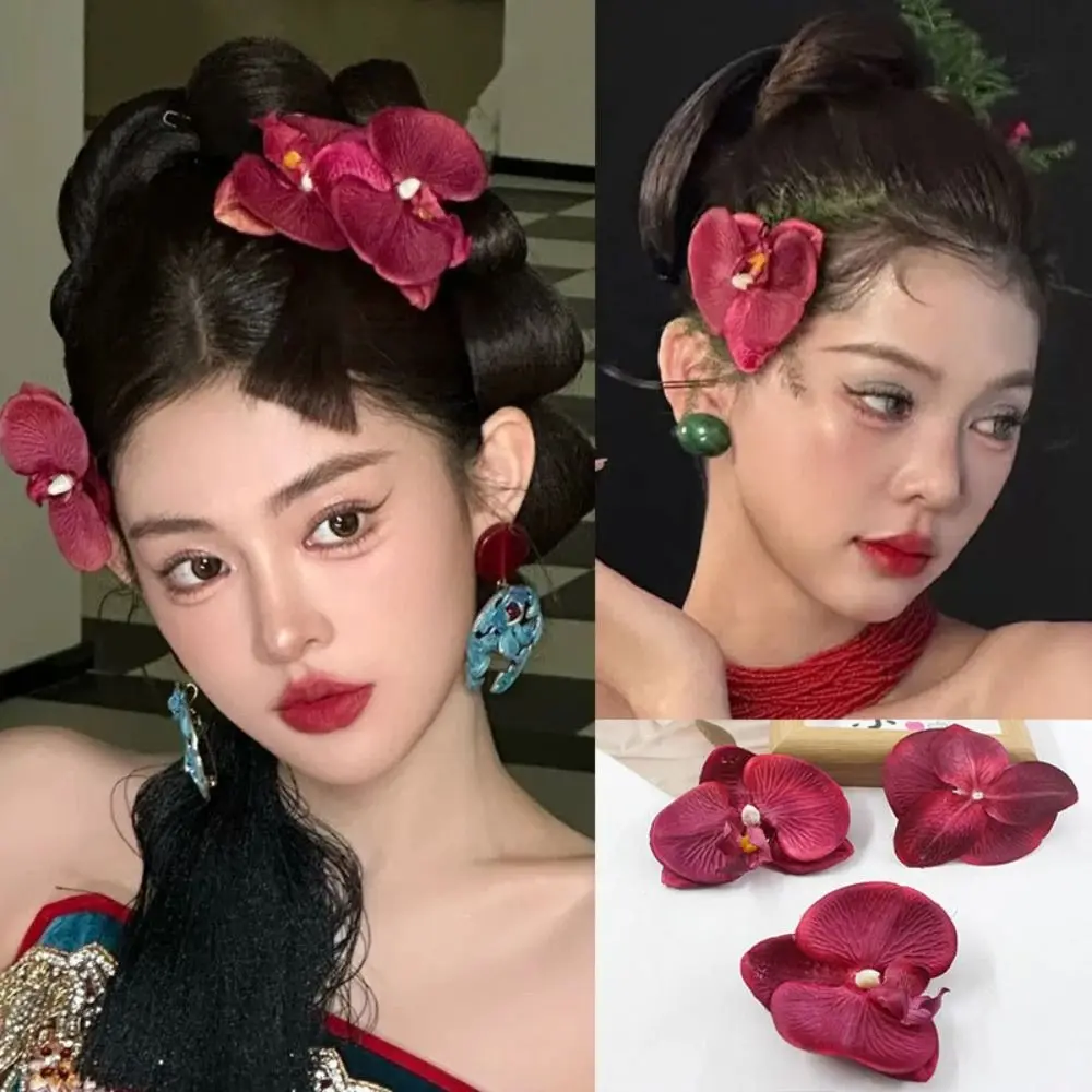 

3pc/set Sweet Butterfly Orchid Hair Clip Pearl Red Bride Flower Side Clip Alloy Female Hair Accessories Chinese Style Hairpin