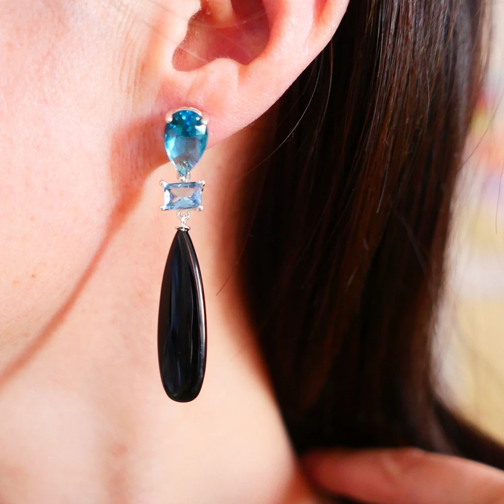 KQDANCE Russia Trendy Women Blue Red Black Turquoise Crystal Long Tear Drop Earrings 925 Silver Needle Natural Gem Stone Jewelry