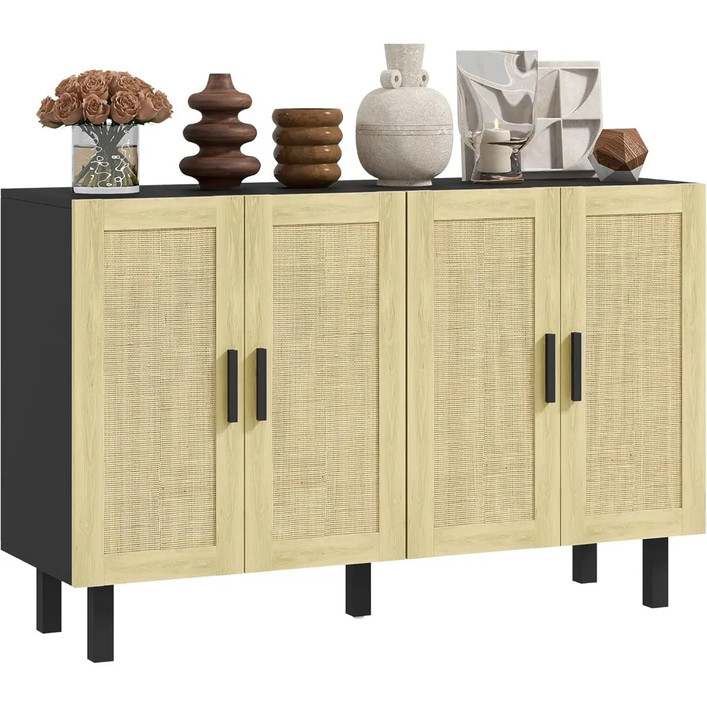 

Sideboard Buffet Cabinet, Coffee Bar Cabinet with 4 Rattan Doors and Adjustable Shelves for Kitchen, Living Room, Black and Nat
