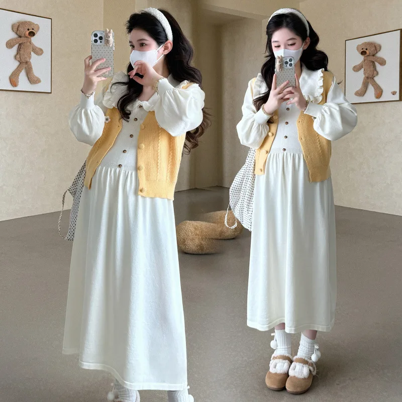 Maternity Suit 2025 Autumn Soft Comfortable Sweet Cute Age Reducing Peter Pan Collar Dress With Flower Yellow Vest Two Piece Set