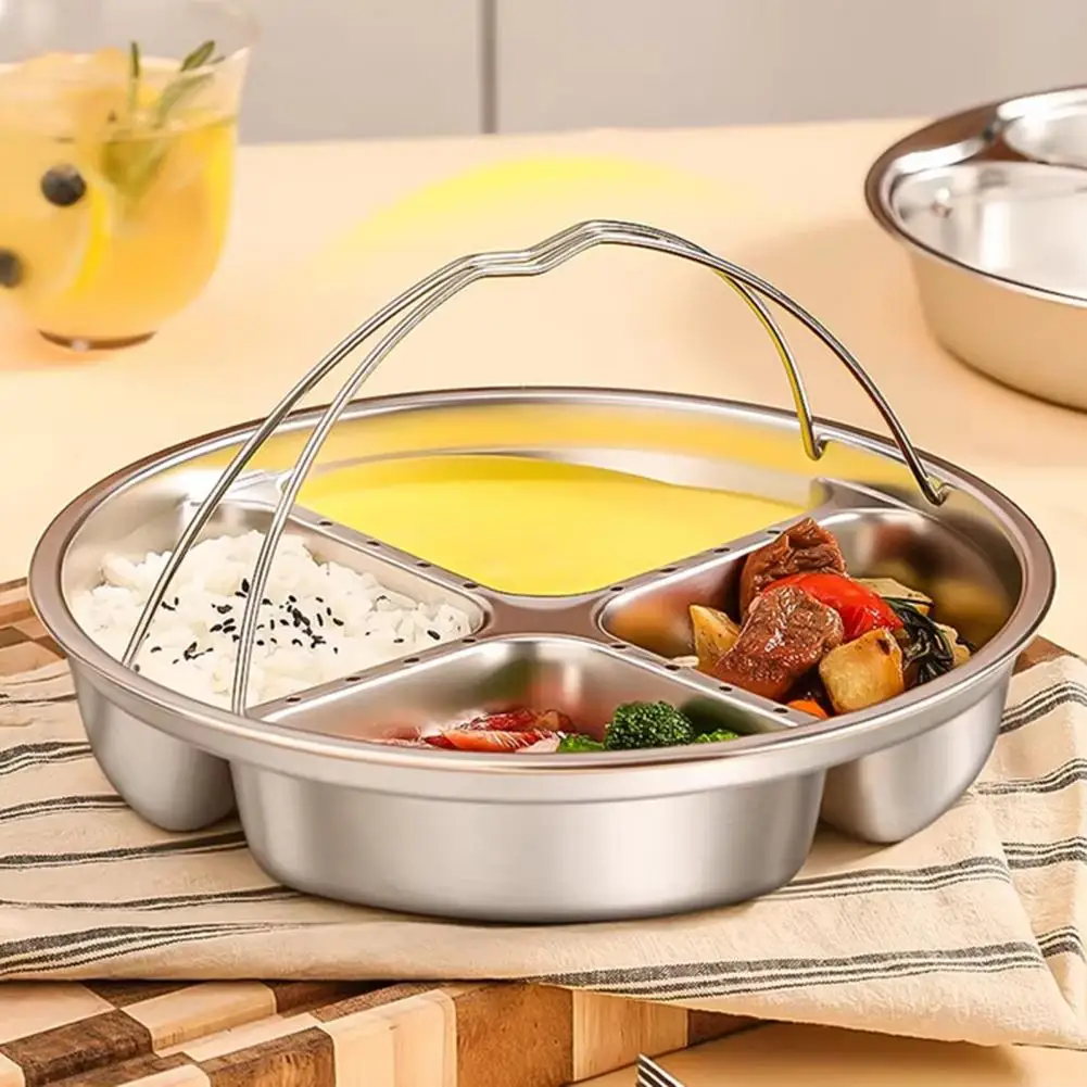 

Food Steaming Tray Stainless Steel Divided Steamer Basket with 3/4 Grids Multi-functional Stackable Steaming Tray for Kitchen