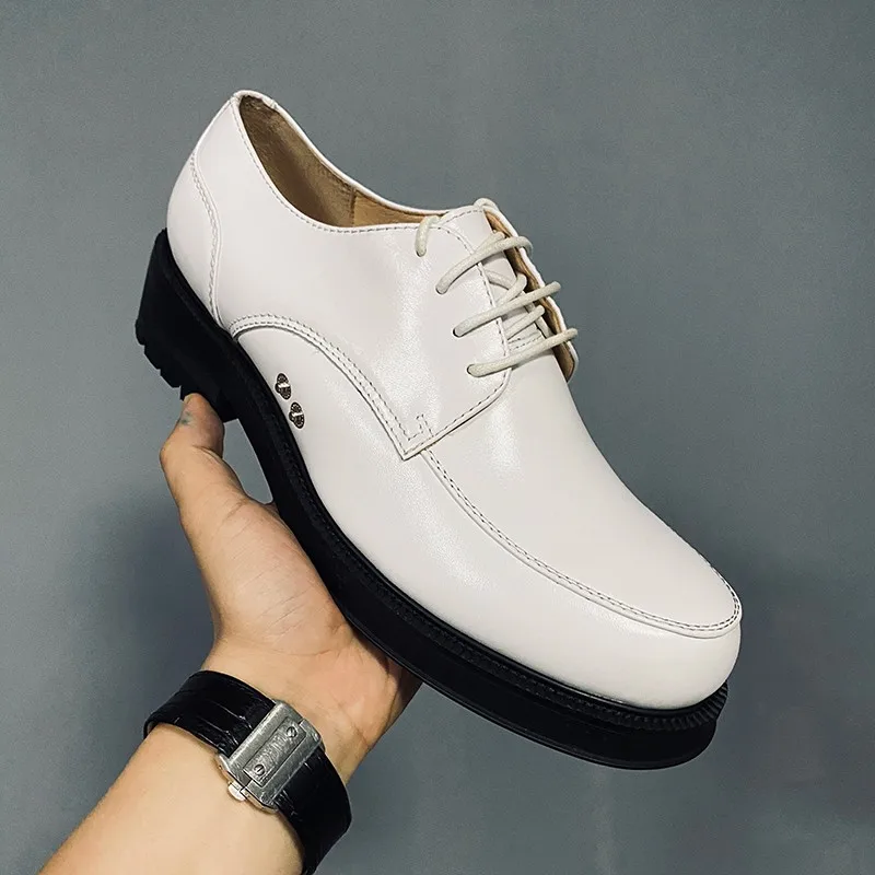 JINIWU 2026 Autumn Winter Men's White Cowhide Leather Shoes Round Toe Thick Sole Height Increasing Versatile Low Top Footwear