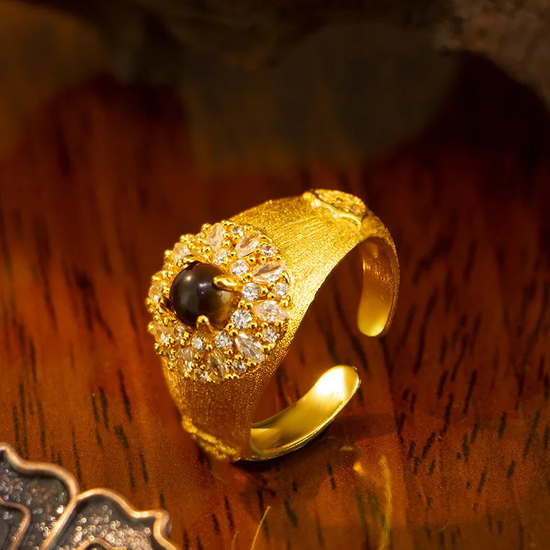 Retro 24K real gold brushed Maillard tiger eye stone ring with light luxury and super flash micro setting 9999wide version index
