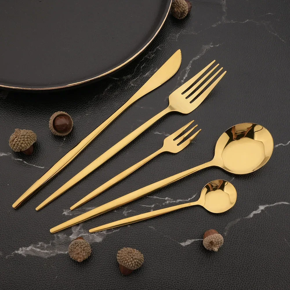 12Pcs Stainless Steel Mirror Gold Fork Spoon Set Cake Fork Snack Salad Coffee Fruit Fork Spoon Cutlery Kitchen Dinnerware Set