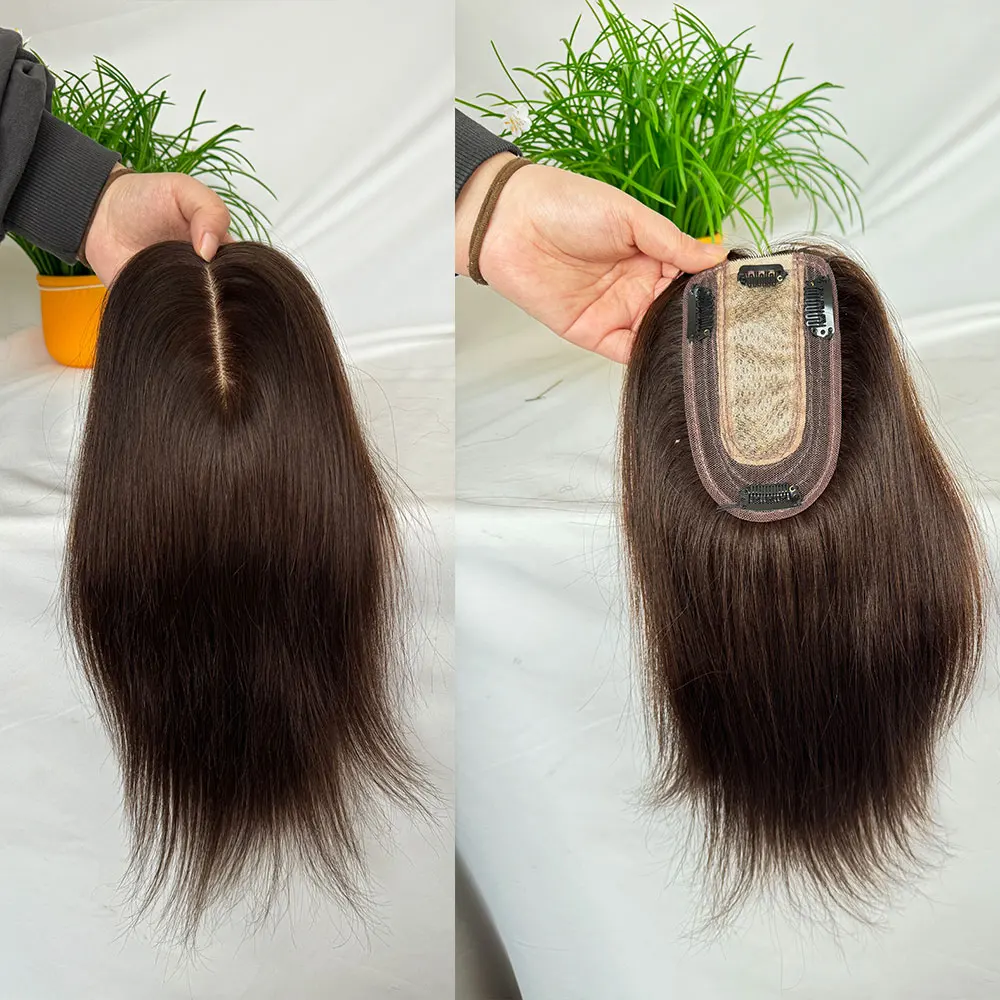 Toppers untuk wanita dengan tipis rambut manusia asli klip rambut dalam potongan rambut 12In tengah belahan sutra dasar Wig rambut palsu 3X5