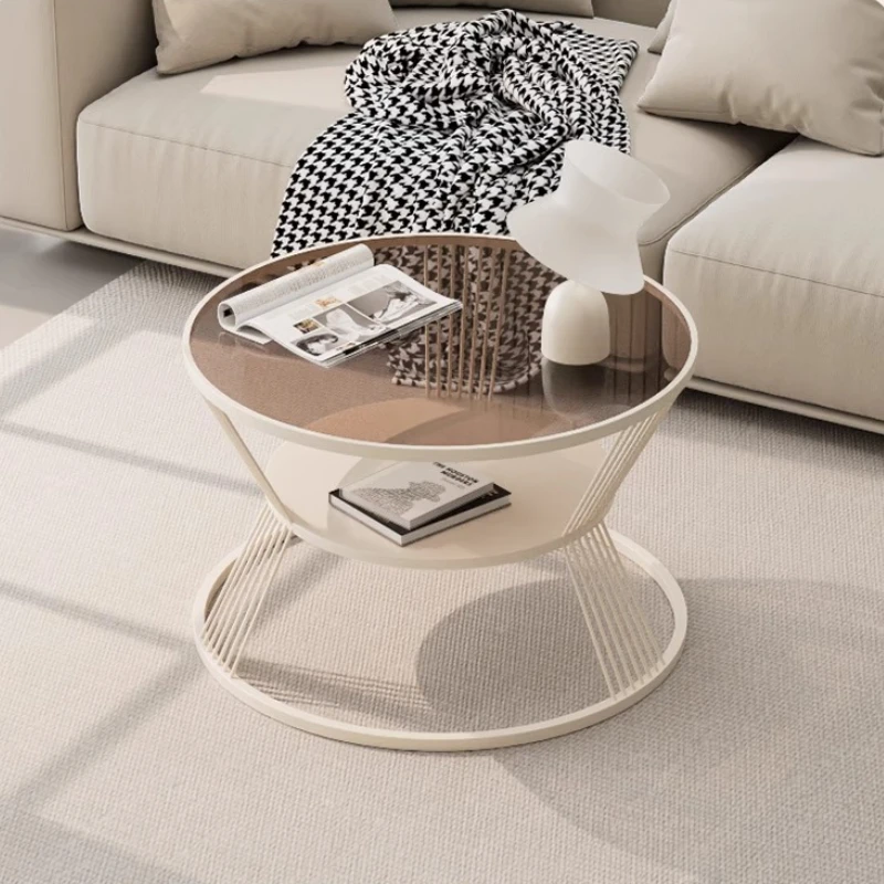 Nordic Style round Tempered Glass Coffee Table 2-Tier Storage Modern Minimalist Design for Small Spaces Living Room Furniture