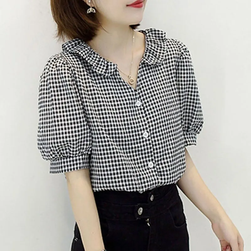 Fashion Printed V-Neck Ruffles Puff Sleeve Plaid Shirt Female Clothing 2023 Summer New Oversized Casual Tops All-match Blouse