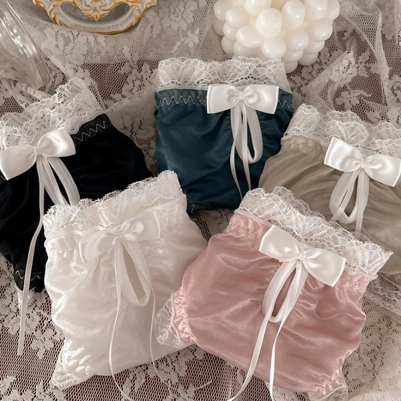 Luxury Satin Transparent High Elasticity Sexy Mesh Lace Hollow Bow Underwear Cute Lovely Sweety Smooth Soft Panties Breathable