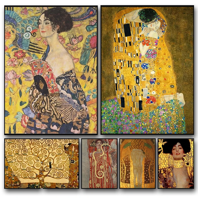 

Classic Gustav Klimt Posters Abstract Figure Artwork Kiss Tree of Life Canvas Paintings and Prints Wall Pictures Room Home Decor