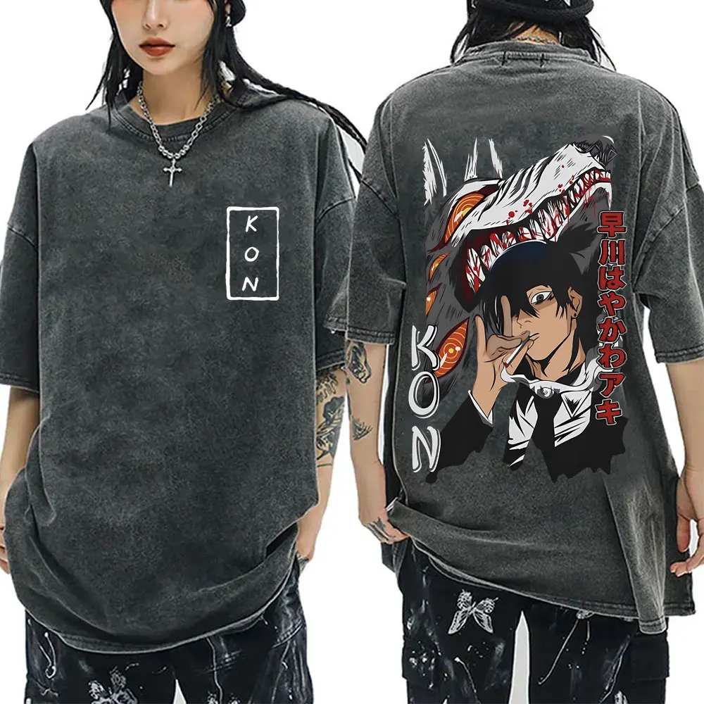 

Washed Vintage Anime Chainsaw Man Hayakawa Aki Kon Fox Devil Graphic T Shirt Men Women Manga Fashion T-shirts Manga Lovers Gift