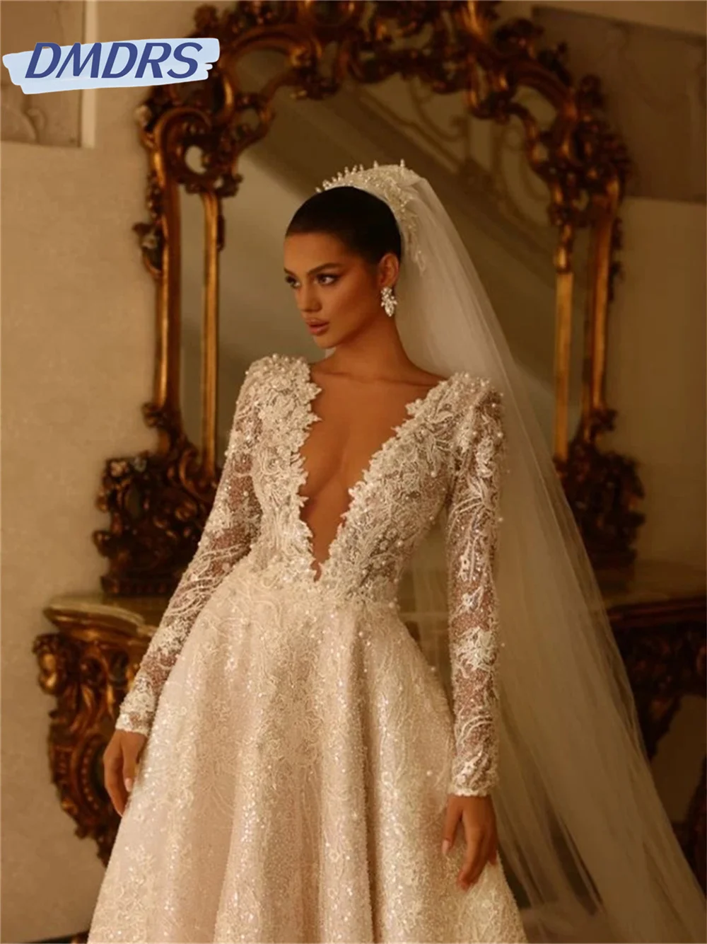 Robe de mariée sexy à manches longues et col en V profond, robe de patients élégante, perlée, longueur au sol, fête éducative, classique, 2024