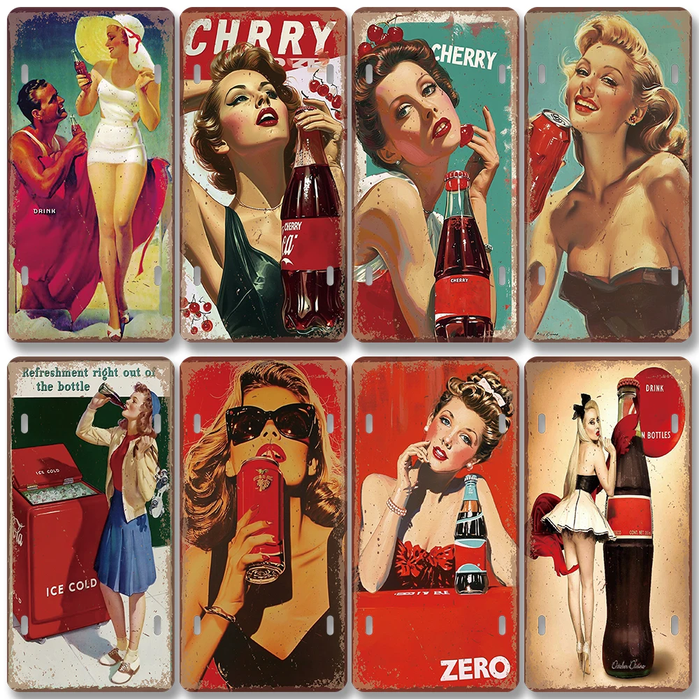 Drink Cola Poster License Plates Retro Cherry Sexy Girls Metal Tin Sign Wall Decor for Cafe Bar Pub Club Home 15x30cm