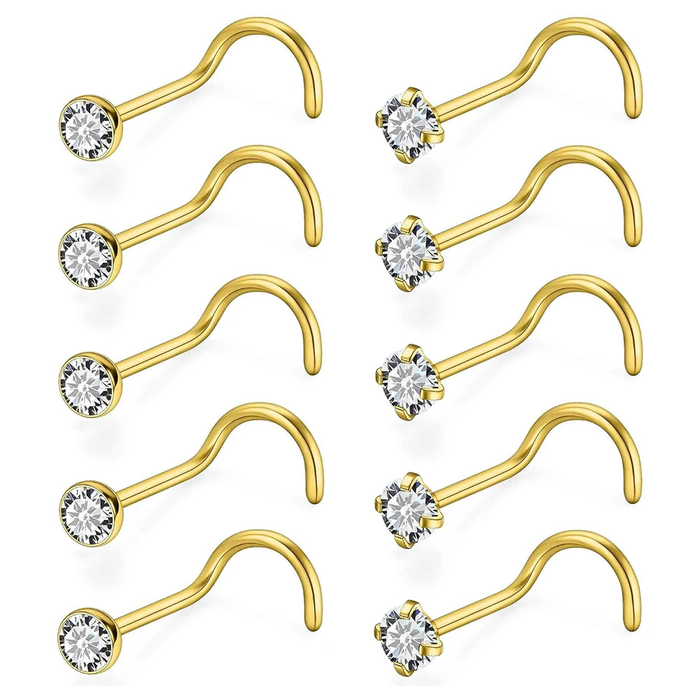 10PCS 20G Anillos de Nariz de Acero Quirúrgico, Joyería para Piercing Nasal para Mujeres y Hombres, Diamante CZ 2mm, Plata y Oro