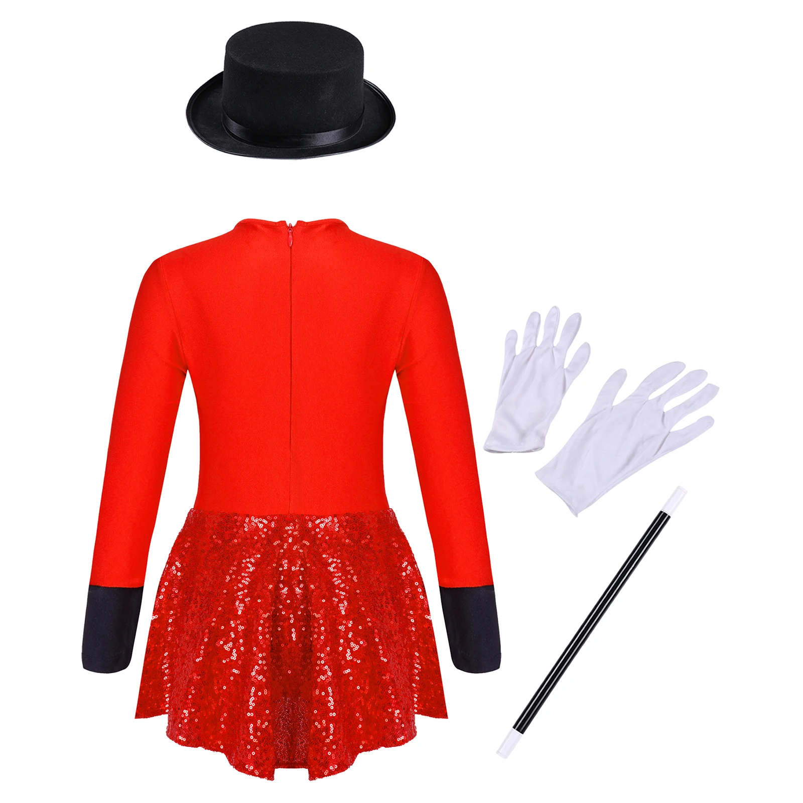 Children Girls Halloween Magician Circus Cosplay Performance Costume Shiny Sequin Bow Leotard Dress with Hat Magic Wand Gloves