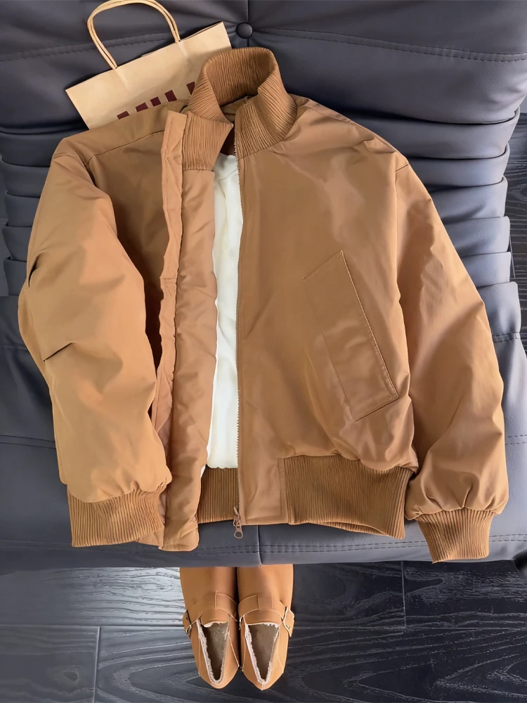 

Утепленная мужская зимняя куртка из хлопка с воротником-стойкой, коричневая, приталенного кроя, повседневная, однотонная