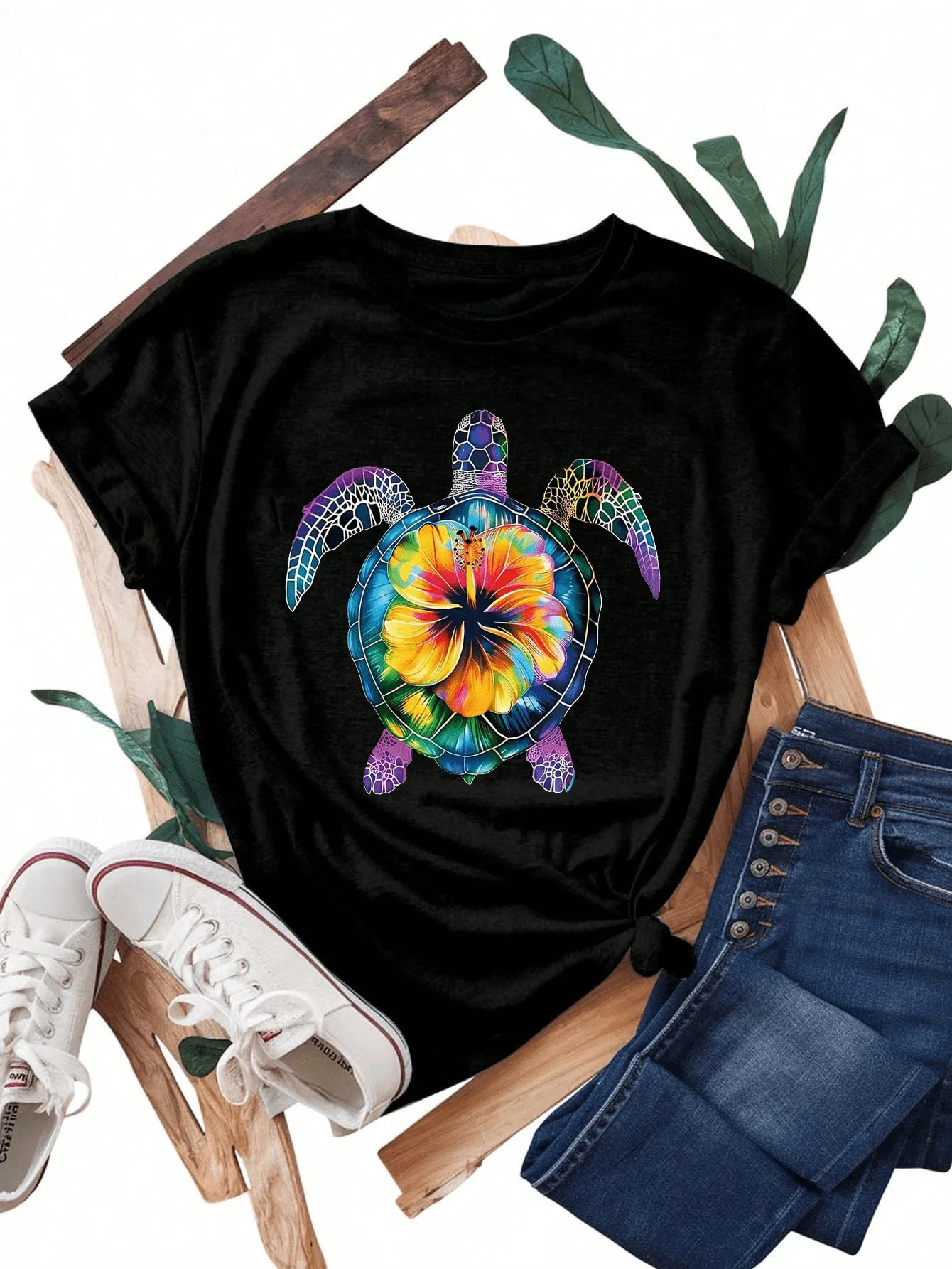 

Топы больших размеров, женская одежда, летние наряды, красочная черепаха с круглым вырезом и цветочным принтом, футболка с короткими рукавами