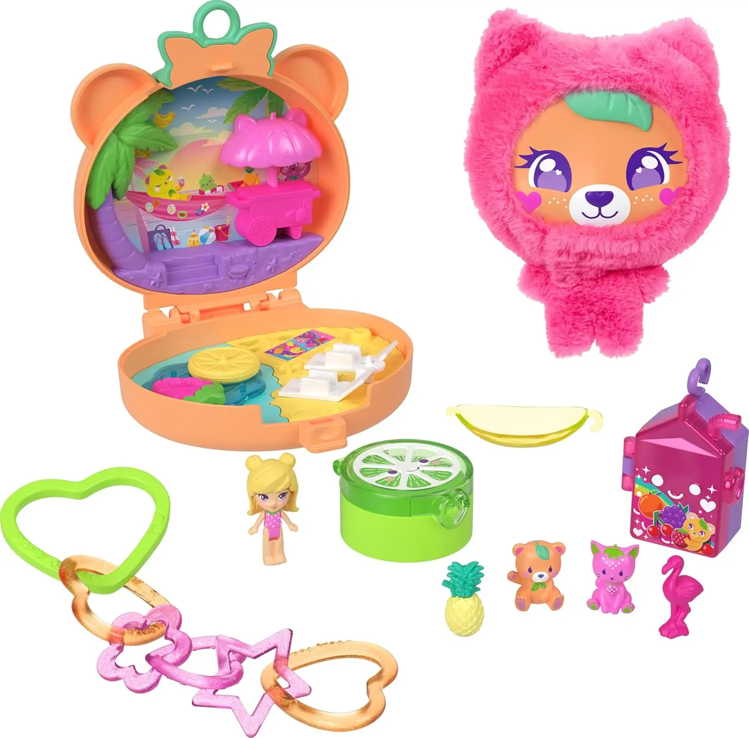 

Игровой набор Polly Pocket с куклой и питомцами, плюшевым медведем, компактным брелоком, аксессуарами и подвесками в фруктовой тематике