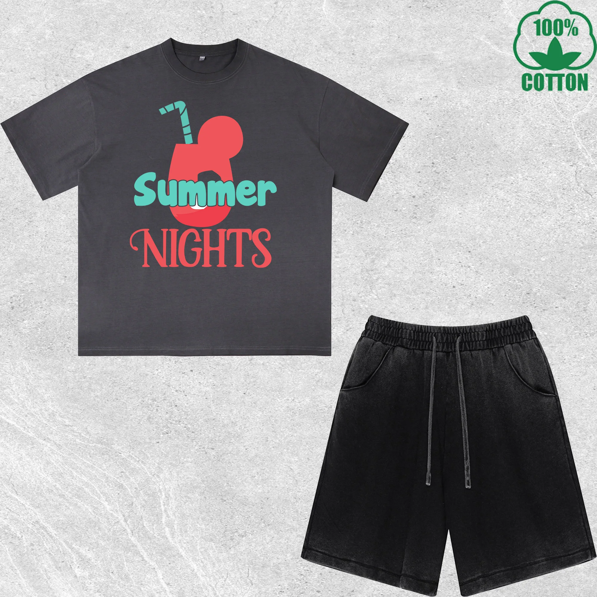 

Summer Nights Printed Dirty Wash T-Shirt Shorts Set Multicolor Combo Loose Trendy Fashionable 100%Cotton