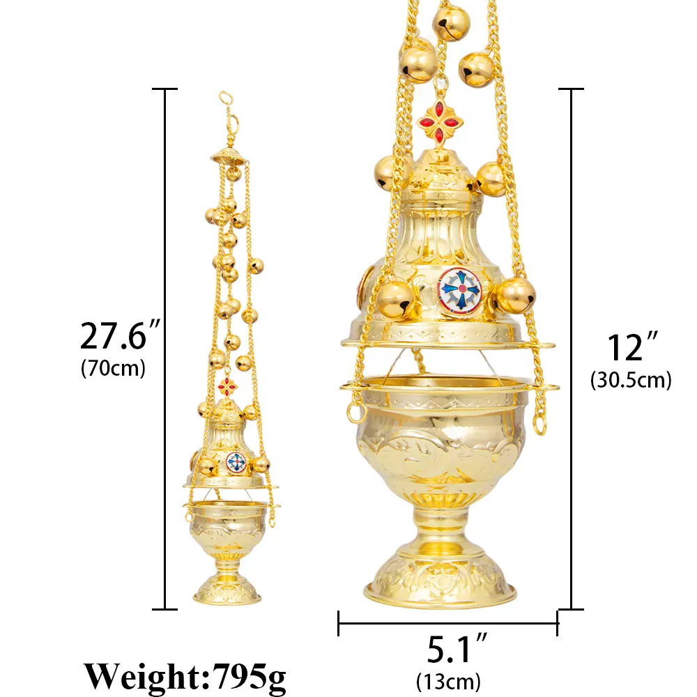 مبخرة ثوربل أرثوذكسية ذهبية عتيقة معلقة مع سلسلة أجراس مبخرة الكنيسة الكبيرة لديكور مذبح الحفل الديني #2