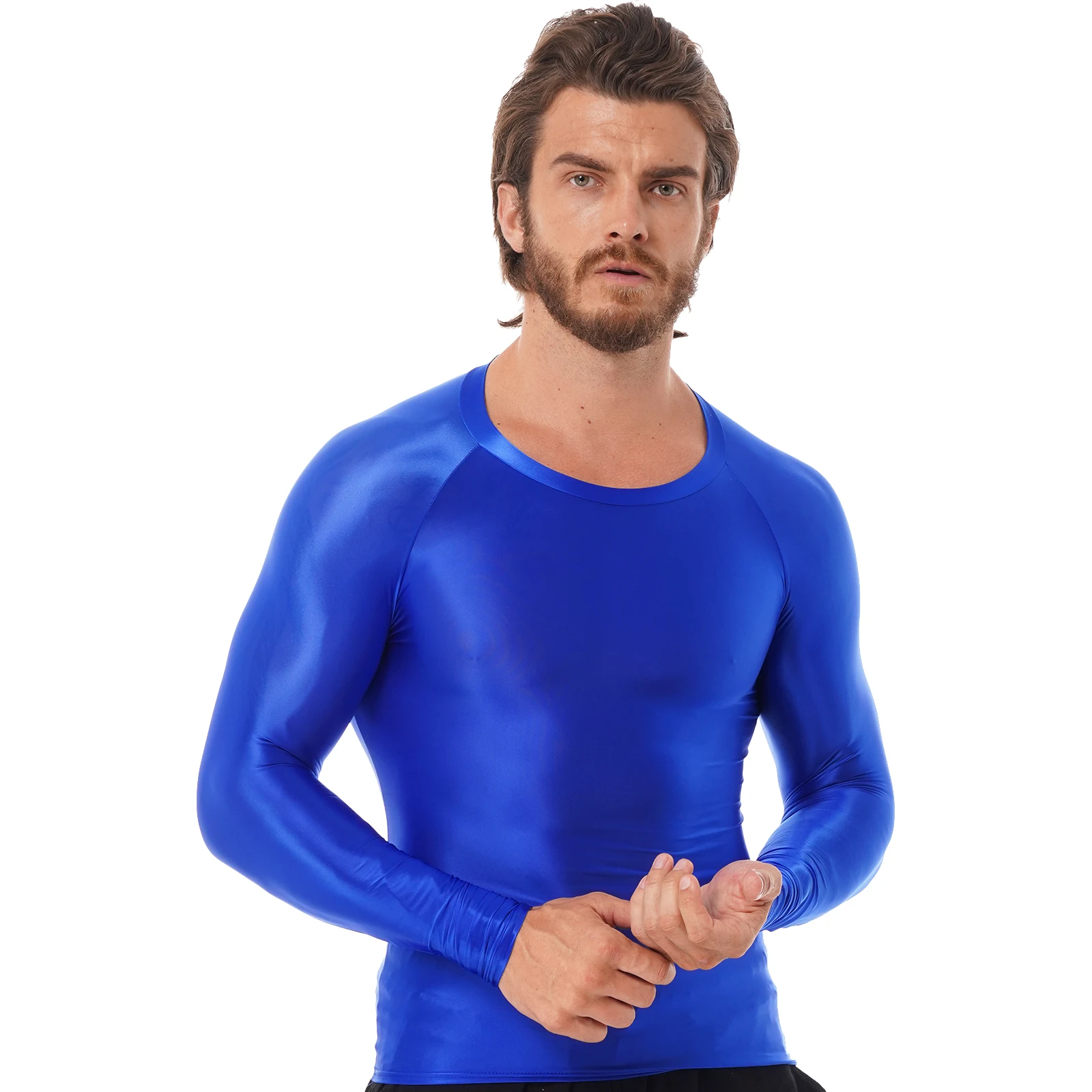 Mens Satin Silky Long Sleeve Shirt Gym Workout Running Compression Athletic Tee Shirt Fitness Bodybuilding Tops Undershirt