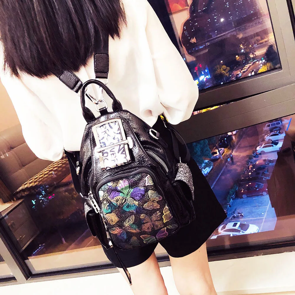 Woman\'s Genuine Leather Backpack Fashion Butterfly Backpack Stylish Shiny Holographic Small Travel School Book Daily Daypack Bag