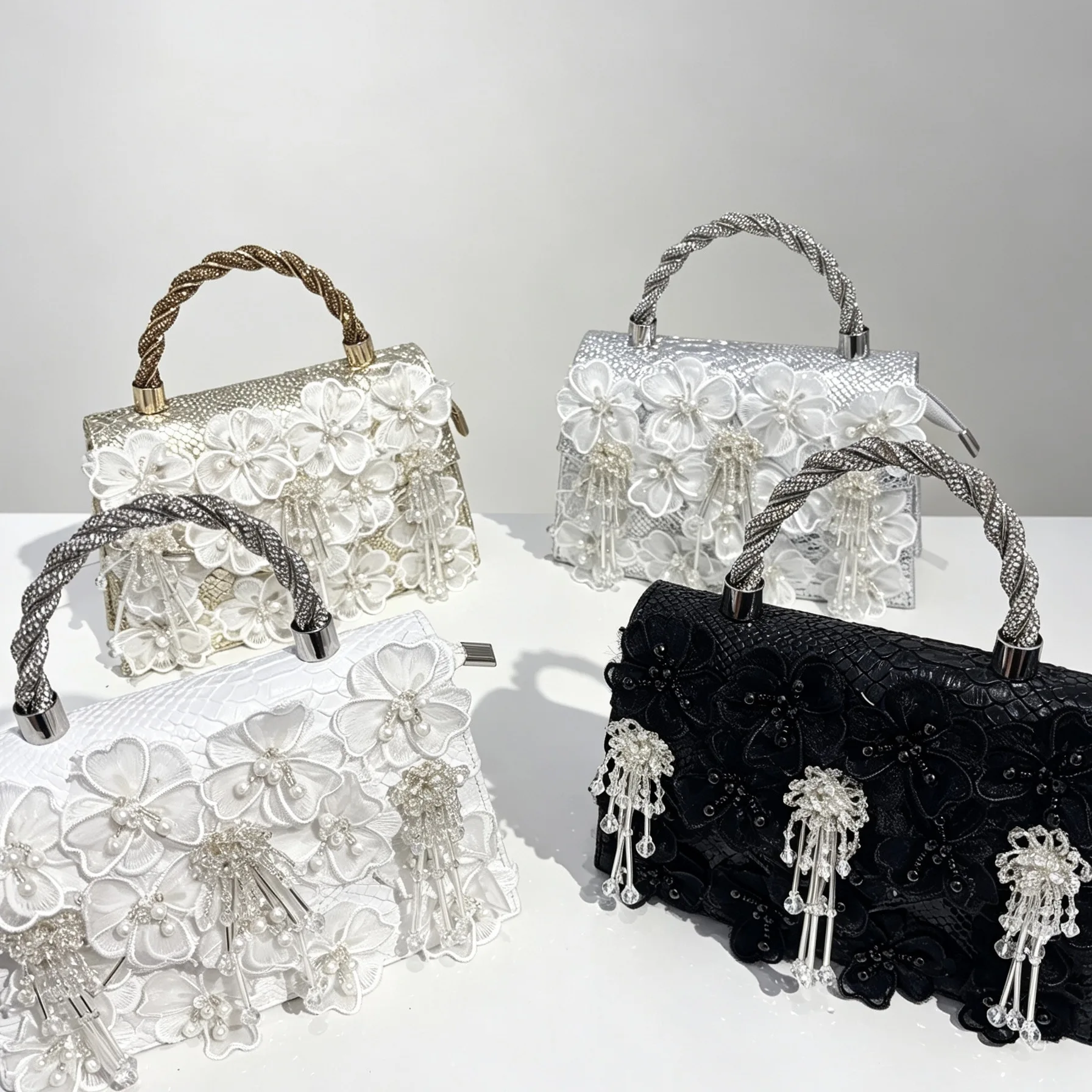 Handmade Pearl Crystal Lace Evening Bag Sweet Bead Fairy Tassel Flower Small Square Crossbody Handbag for Youth Casual Purse view 2