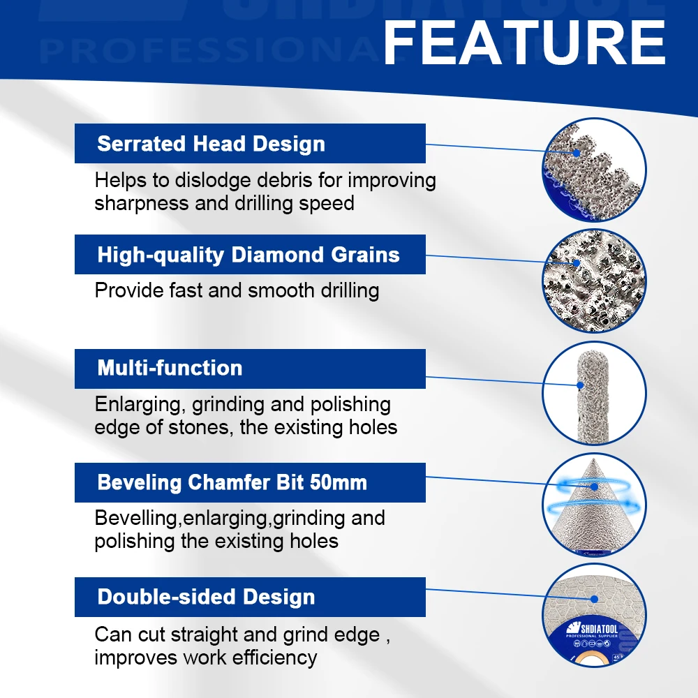 SHDIATOOL 12 ชิ้น 6-65 มิลลิเมตรรูเพชรเจาะ Bits ชุด + 10 มิลลิเมตร Milling Bit + 50 มิลลิเมตร Chamfer + 115 มิลลิเมตรแผ่นตัด + อะแดปเตอร์ Hex กระเบื้อง Bits