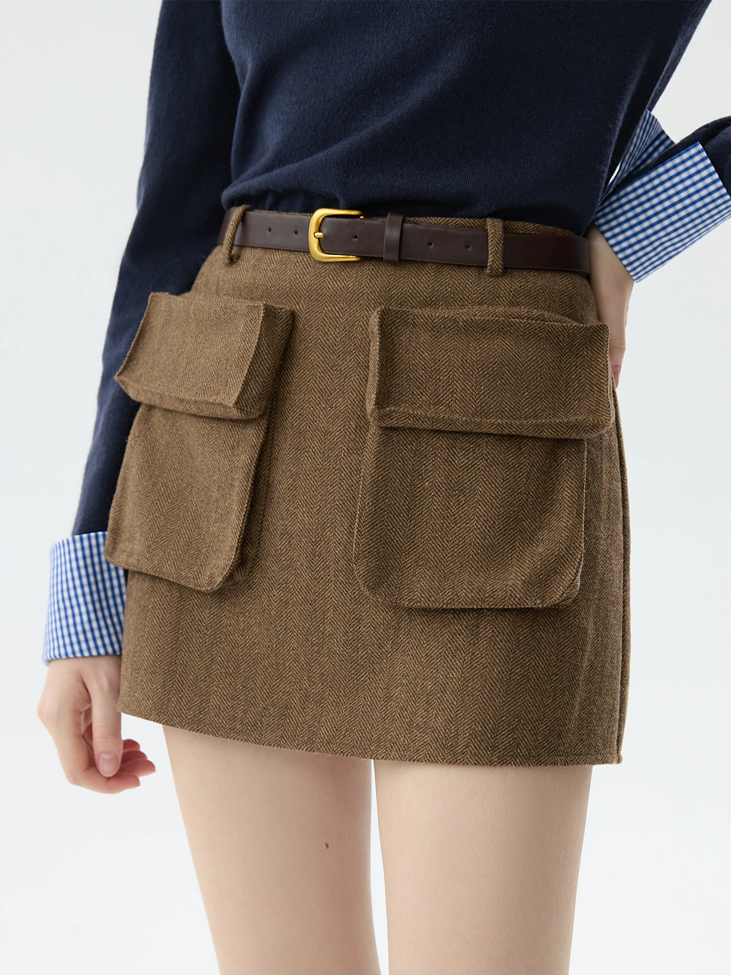 FSLE Women Winter Mini Skirts 56.8% Wool Blended Female Brown A-LINE Skirt Pocket Decoration Zipper Waist Skirt 24FS14623